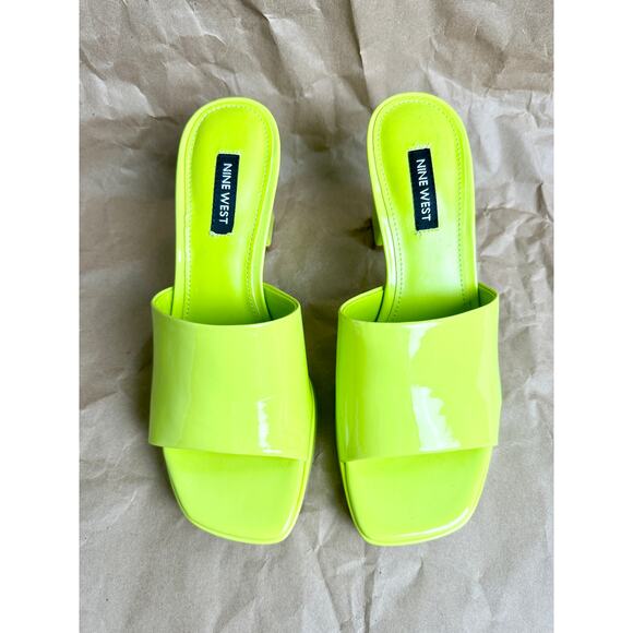 Nine West Behot Heeled Lime Neon Green Slide Sandals Patent Mules Size 7 - Picture 2 of 10